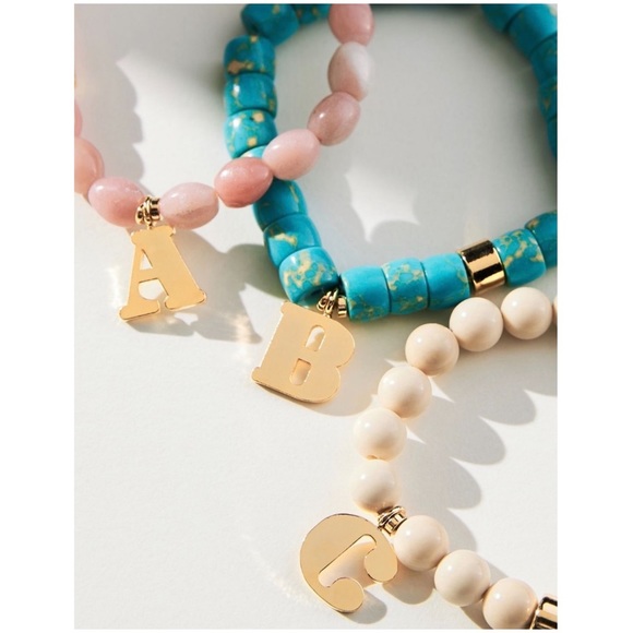 Anthropologie Jewelry - ANTHROPOLOGIE Beaded Monogram Charm Stretch Bracelet NEW NWT “K” Blue Gold jewel